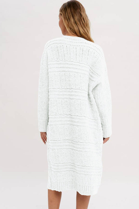 White Fringed Open Front Pocketed Long Cardigan – Effortless Boho Elegance