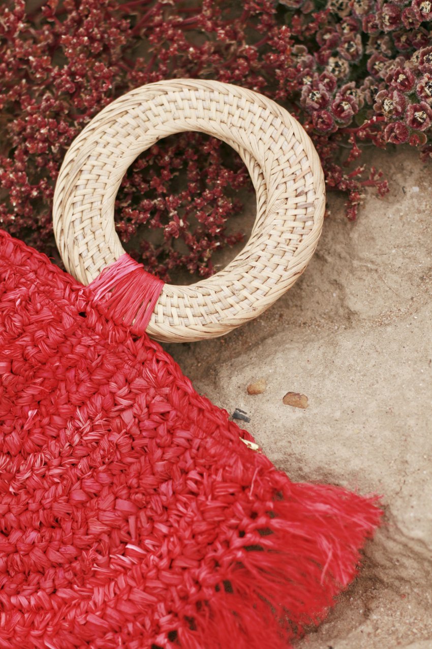 Warrior Raffia Boho Straw Bag in Red