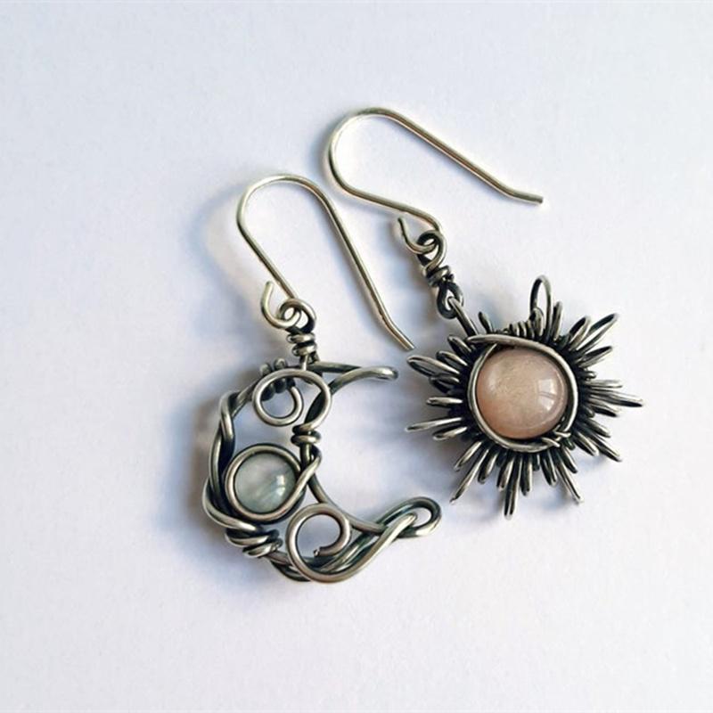 Bohemian Style Sun & Moon Earrings with Vintage Moonstone