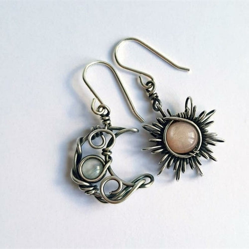 Bohemian Style Sun & Moon Earrings with Vintage Moonstone