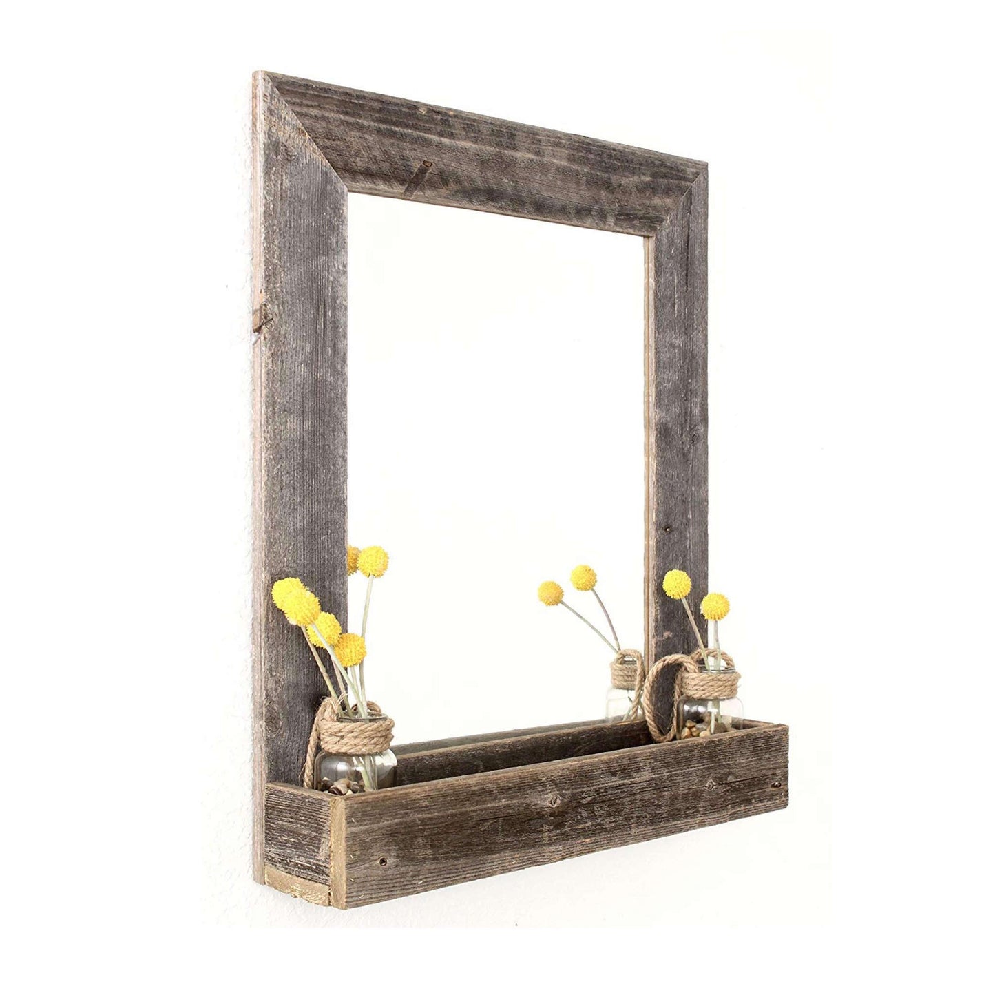 Rustic Weathered Gray Reclaimed Wood Mirror with Shelf