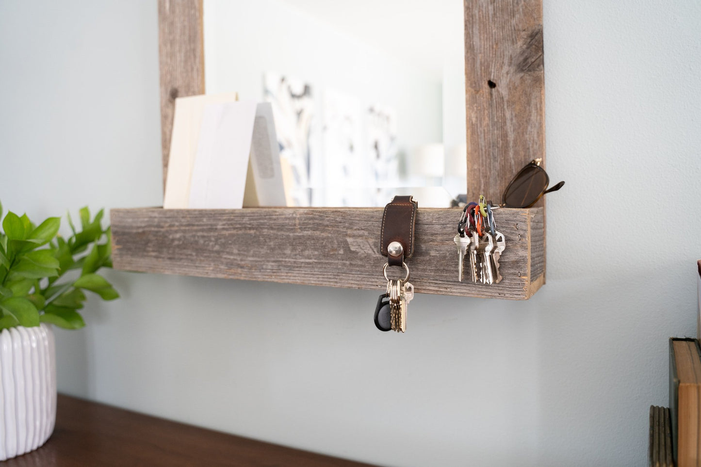Rustic Weathered Gray Reclaimed Wood Mirror with Shelf