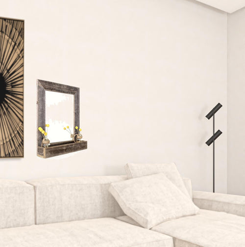 Rustic Weathered Gray Reclaimed Wood Mirror with Shelf