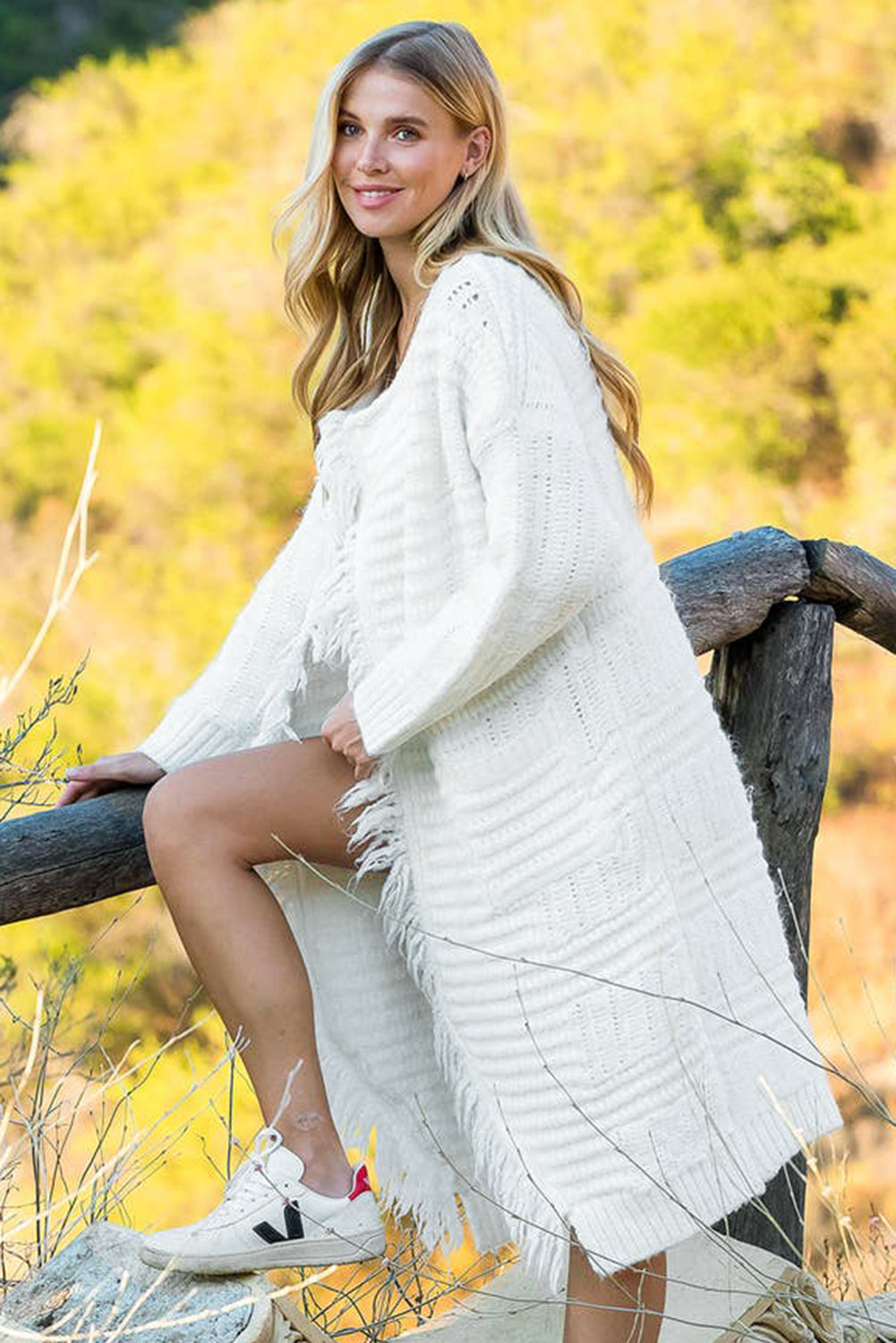 White Fringed Open Front Pocketed Long Cardigan – Effortless Boho Elegance