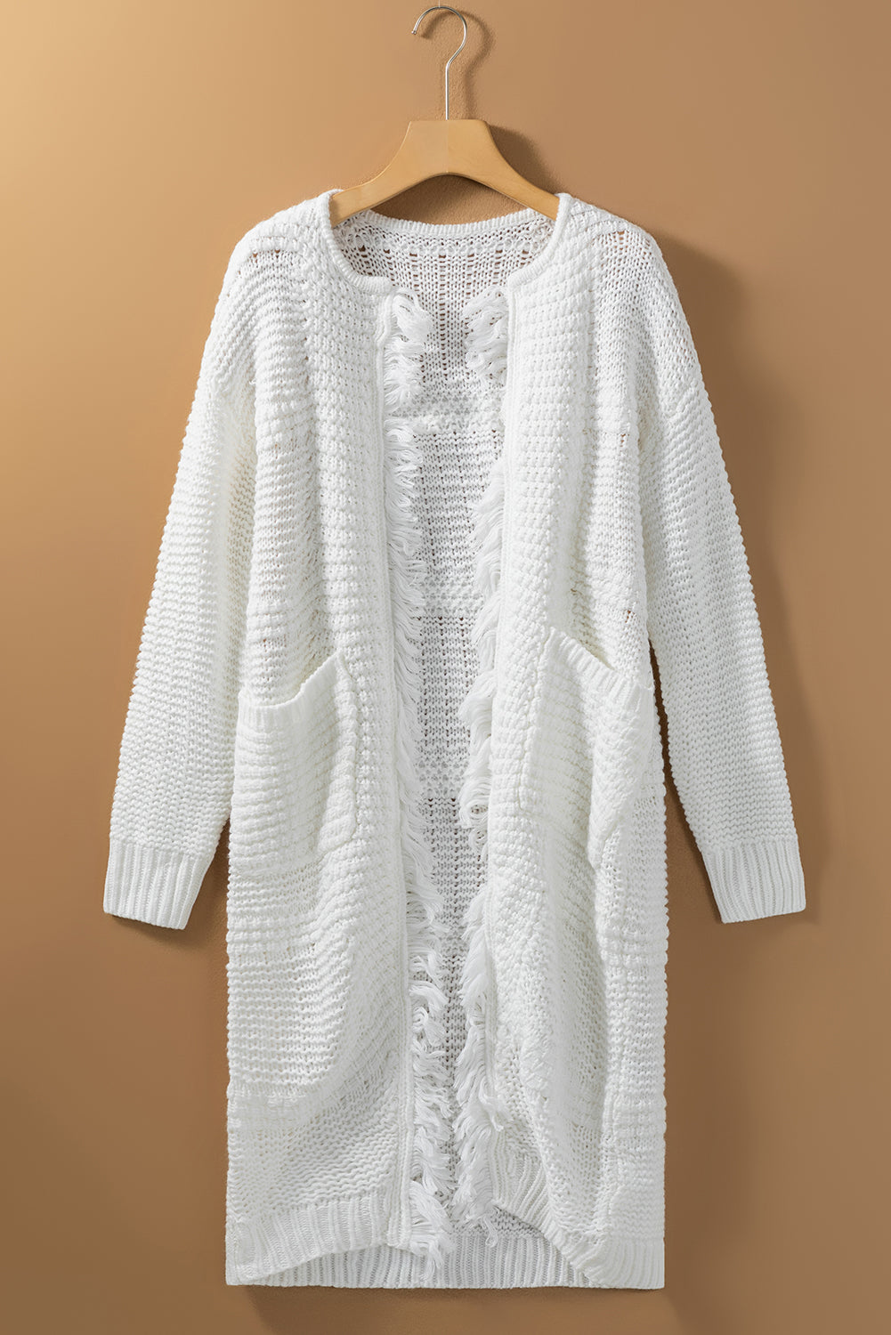 White Fringed Open Front Pocketed Long Cardigan – Effortless Boho Elegance