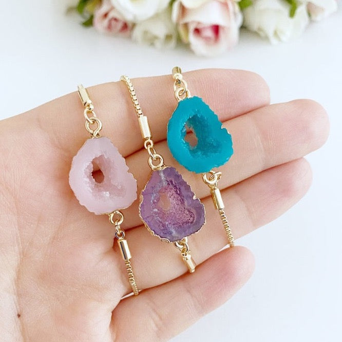 Adjustable Gold Gemstone Bracelet | Aquamarine, Rose Quartz, Amethyst