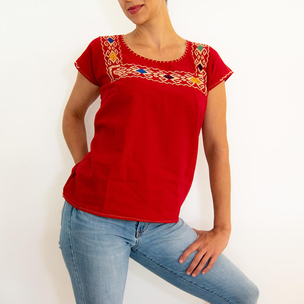 Red Huipil Blouse – Hand-Stitched Bohemian Top