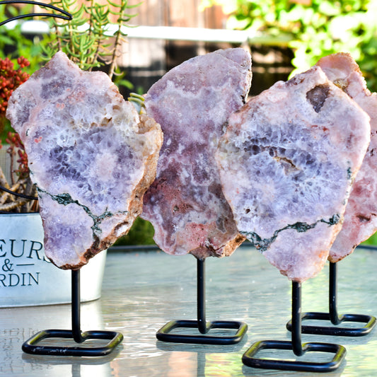 Pink Amethyst on Metal Base – Elegant Crystal Decor for Sacred Spaces