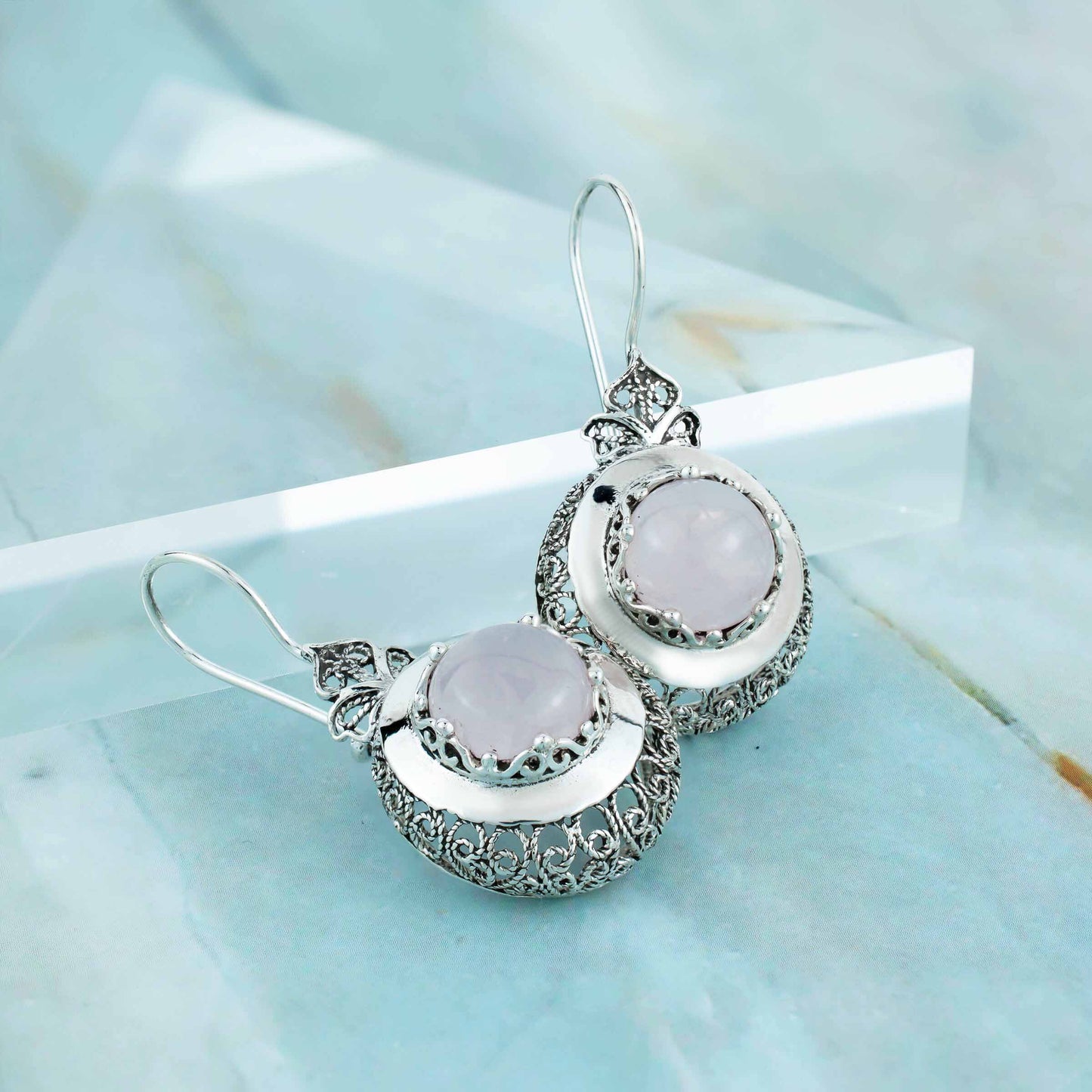 Filigree Art Rose Quartz Drop Earrings