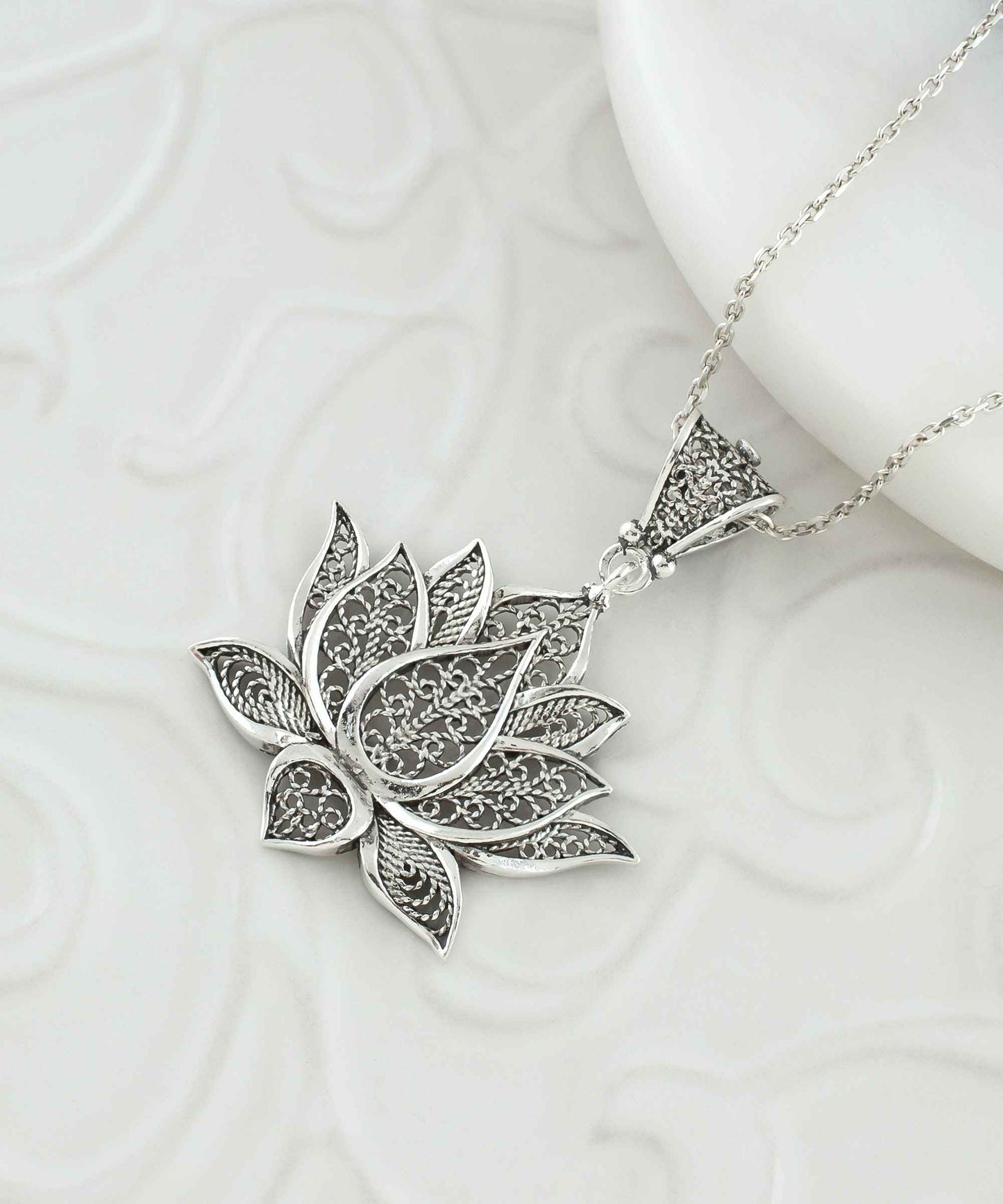 Filigree Art Sterling Silver Lotus Flower Pendant Necklace
