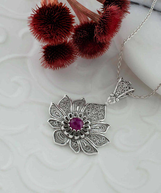 Filigree Art Silver Lotus Flower Pendant with Ruby Corundum Gemstone