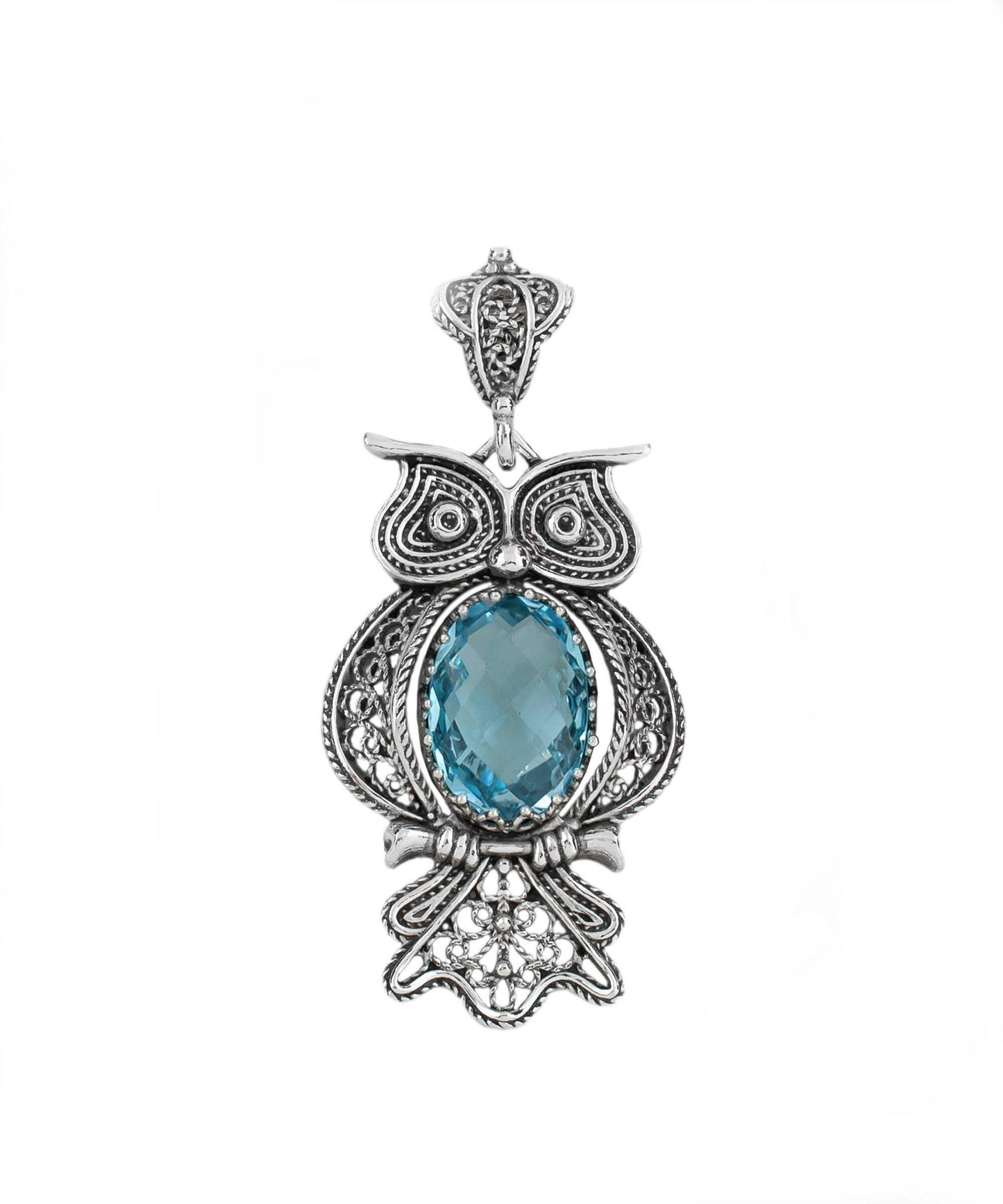 Filigree Art Owl Figured Blue Topaz Pendant