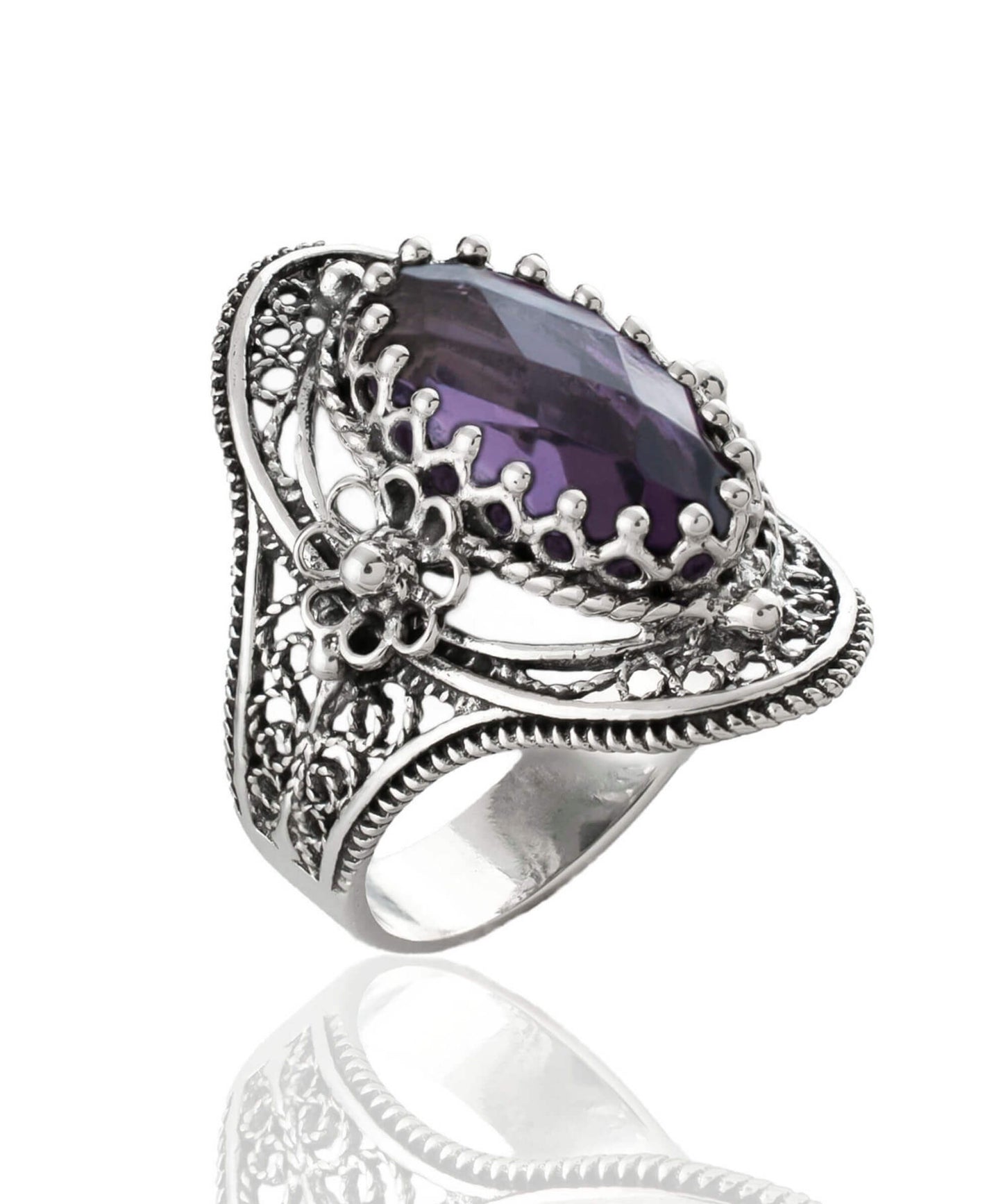 Sterling Silver Oval Amethyst Ring – Boho Chic Statement Jewelry