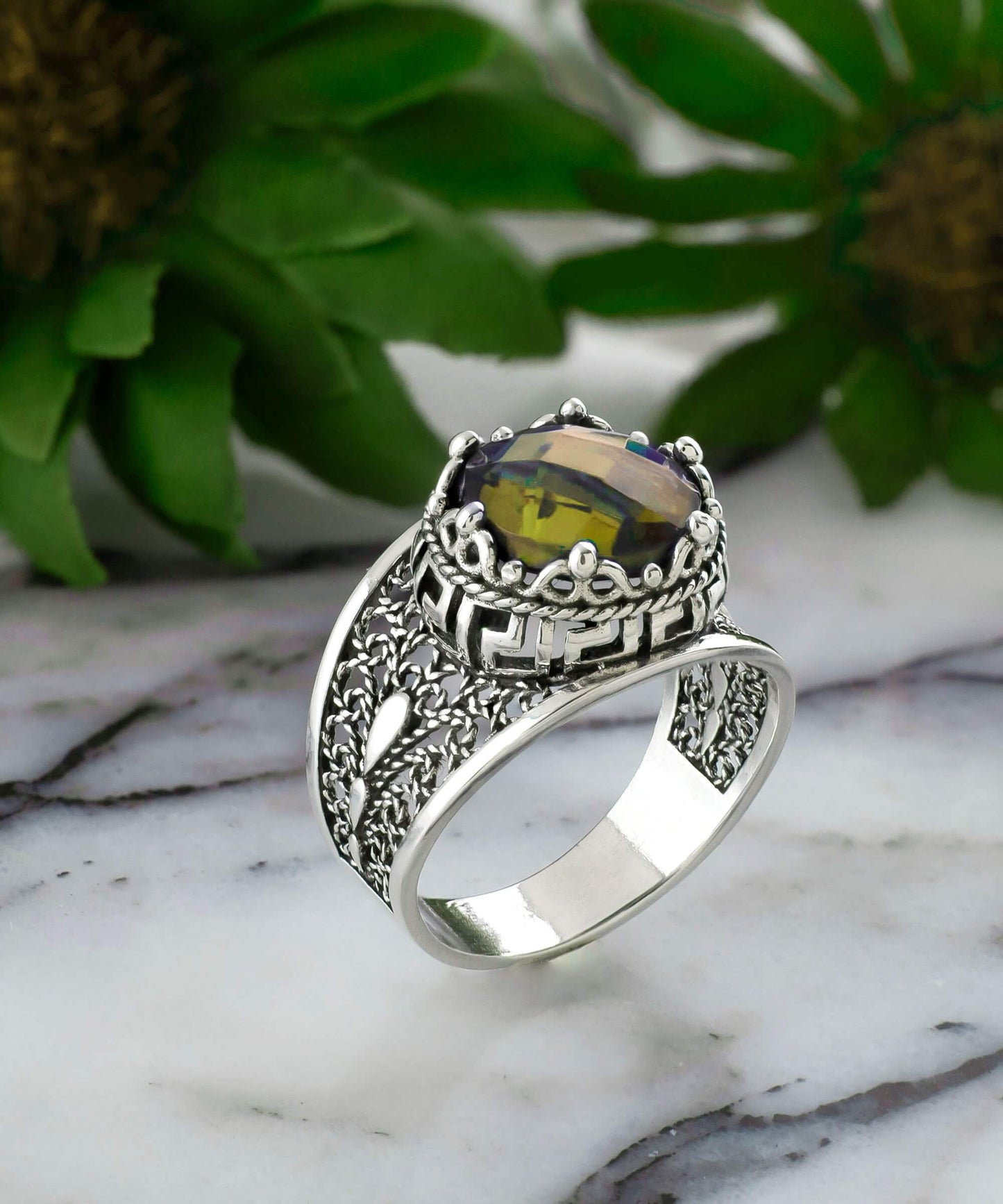 Meander Pattern Filigree Art Alexandrite Gemstone Ring