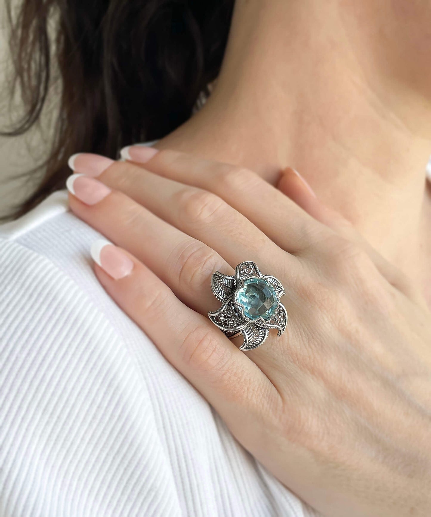 Lotus Flower Blue Topaz Ring