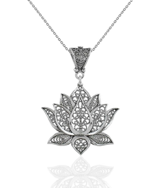 Filigree Art Sterling Silver Lotus Flower Pendant Necklace