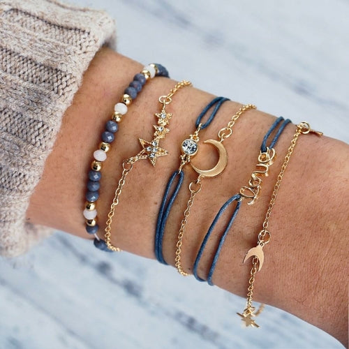 Celestial Marble Crystals and Gemstone 5 Piece Bracelet Set