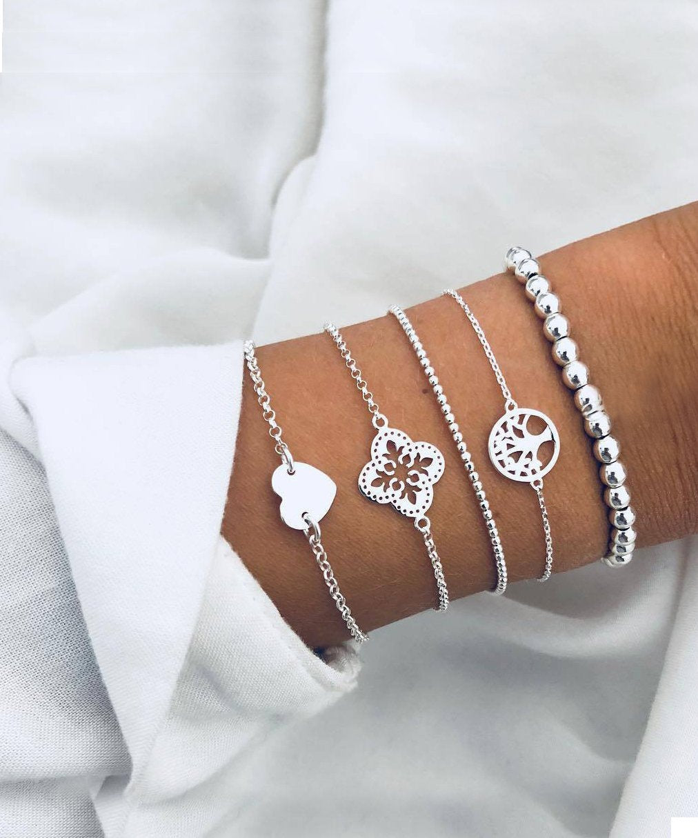 5 Piece Bohemian Tree of Life Bracelet Set - 18K White Gold Plated