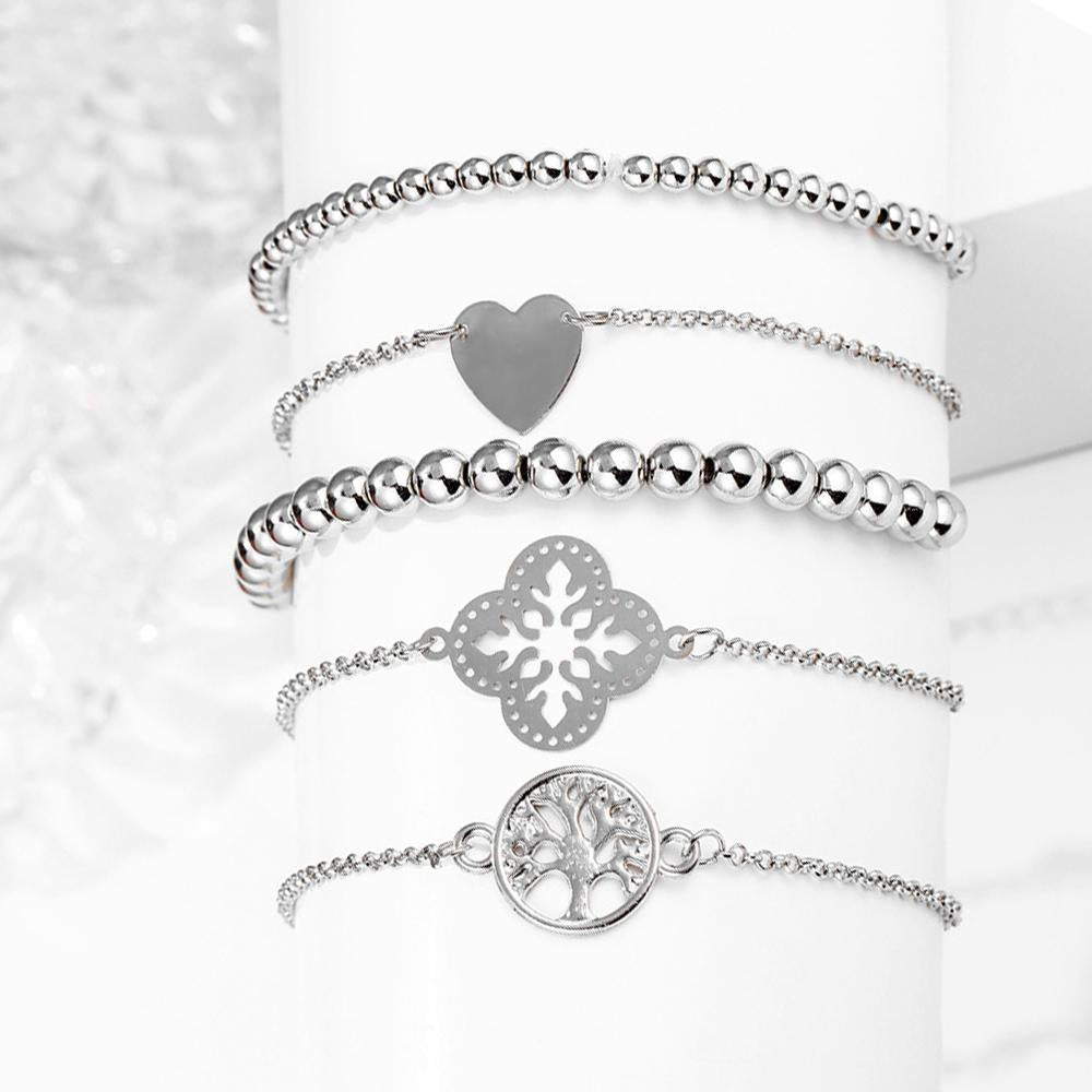 5 Piece Bohemian Tree of Life Bracelet Set - 18K White Gold Plated