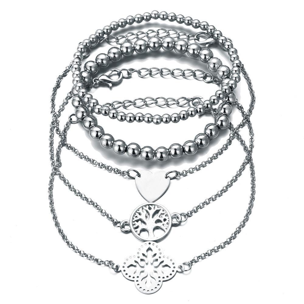 5 Piece Bohemian Tree of Life Bracelet Set - 18K White Gold Plated