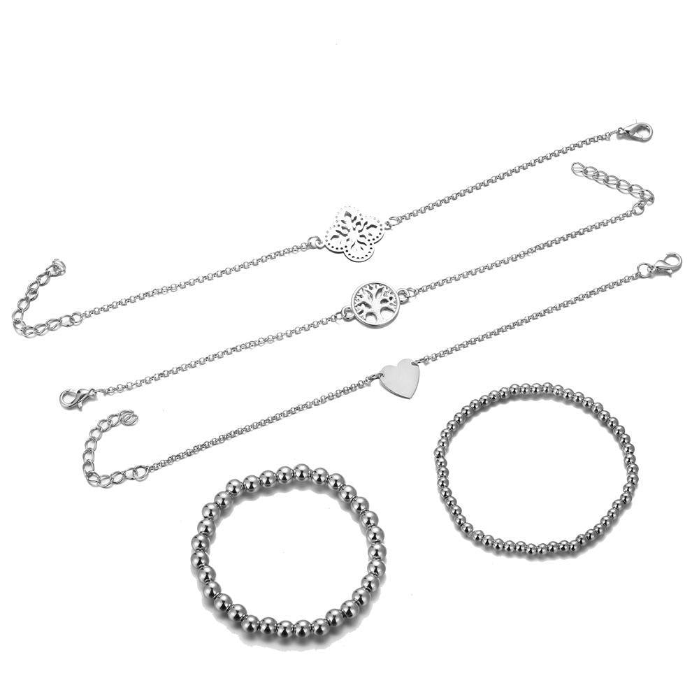 5 Piece Bohemian Tree of Life Bracelet Set - 18K White Gold Plated