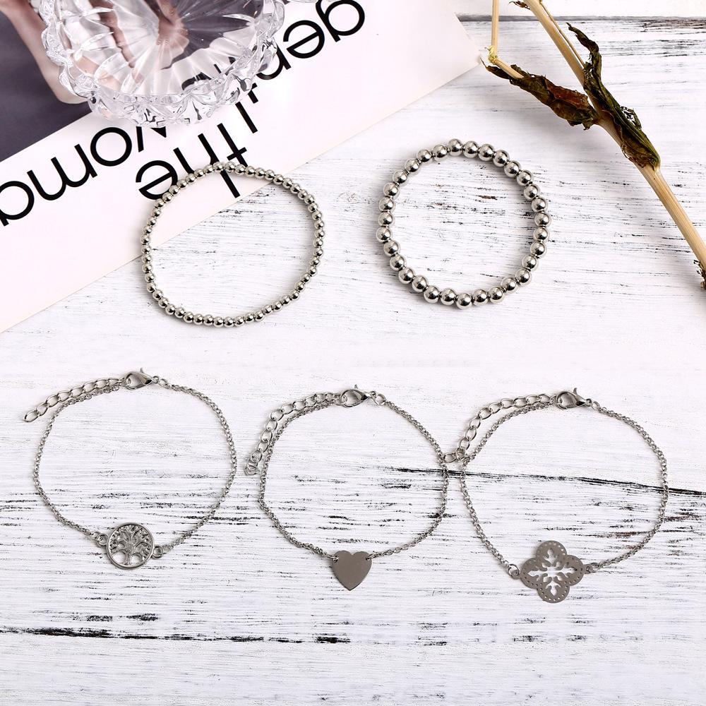 5 Piece Bohemian Tree of Life Bracelet Set - 18K White Gold Plated