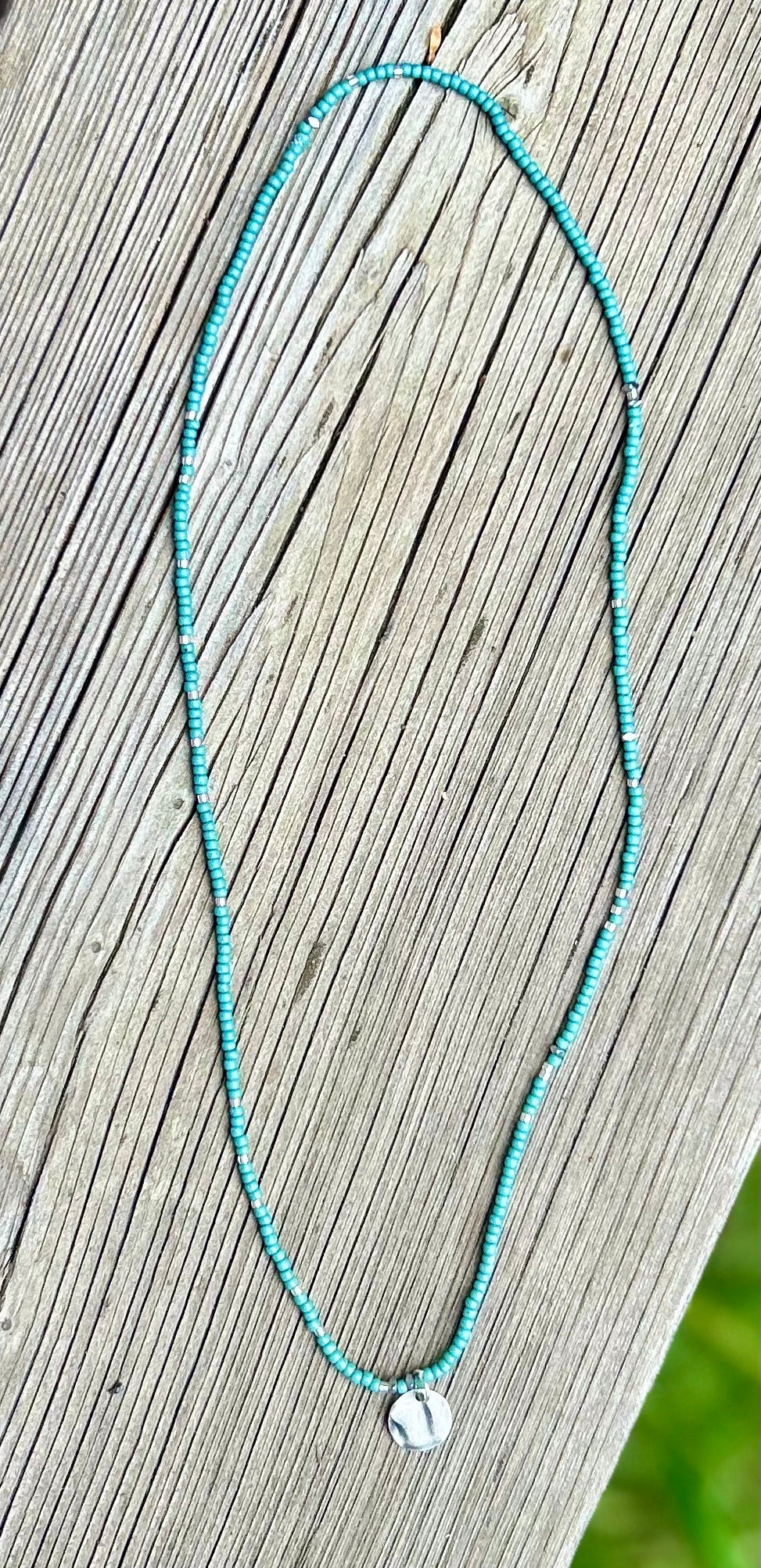 Sage Green Boho Necklace with Silver Circle Pendant