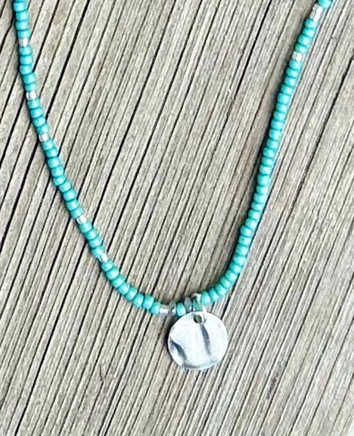 Sage Green Boho Necklace with Silver Circle Pendant