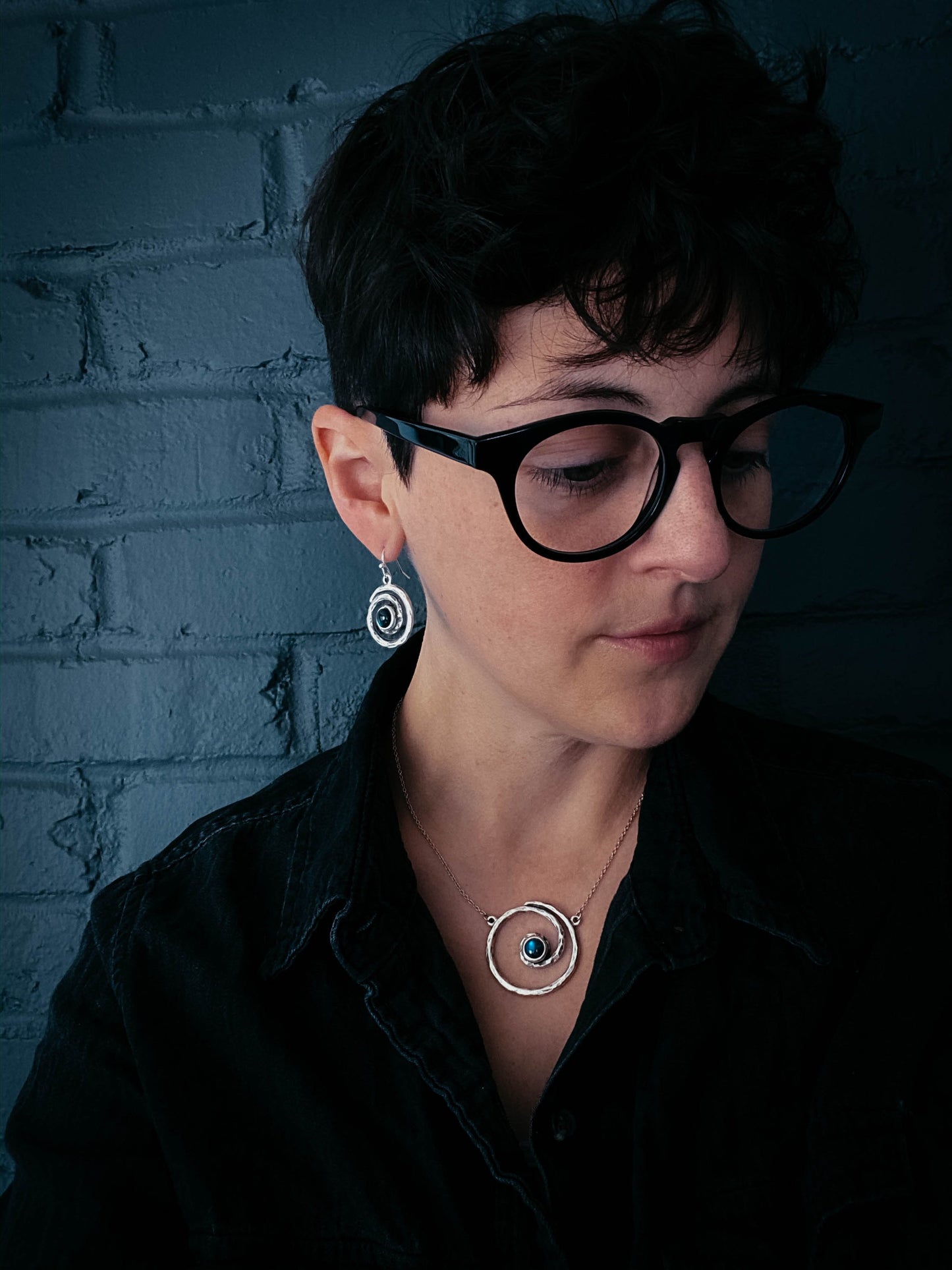 Spiral Silver Necklace and Earrings with Labradorite