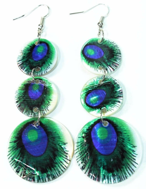 Three-Tiered Peacock Feather Mother of Pearl Earrings