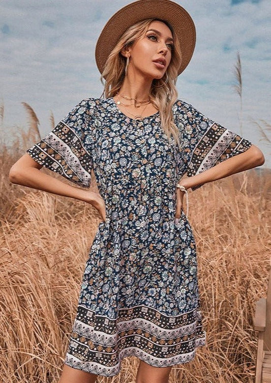 Boho Short Sleeve Swing Dress – Floral & Free-Spirited