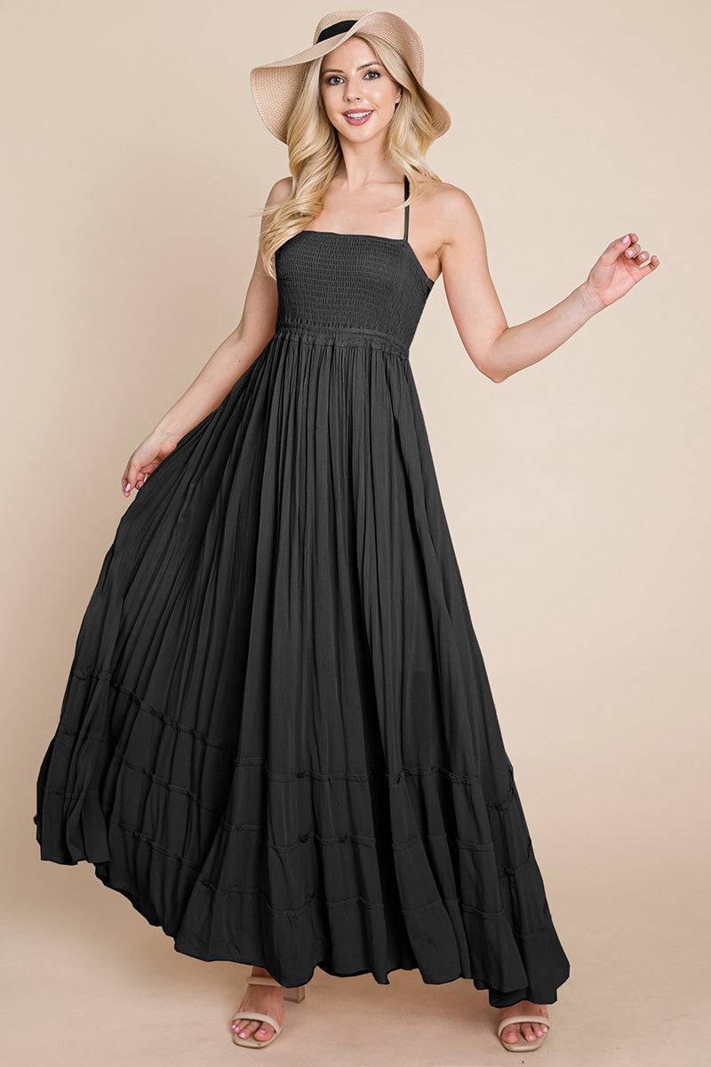 Smocked Flowy Boho Pleated Backless Maxi Dress – Effortless Elegance with a Free Spirit