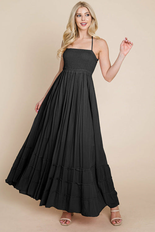 Smocked Flowy Boho Pleated Backless Maxi Dress – Effortless Elegance with a Free Spirit
