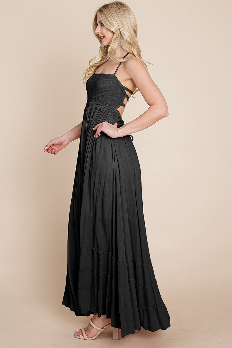 Smocked Flowy Boho Pleated Backless Maxi Dress – Effortless Elegance with a Free Spirit