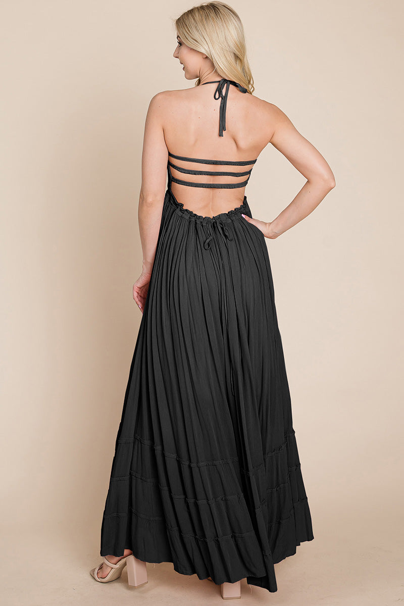 Smocked Flowy Boho Pleated Backless Maxi Dress – Effortless Elegance with a Free Spirit