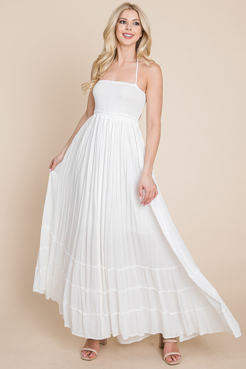 Smocked Flowy Boho Pleated Backless Maxi Dress – Effortless Elegance with a Free Spirit