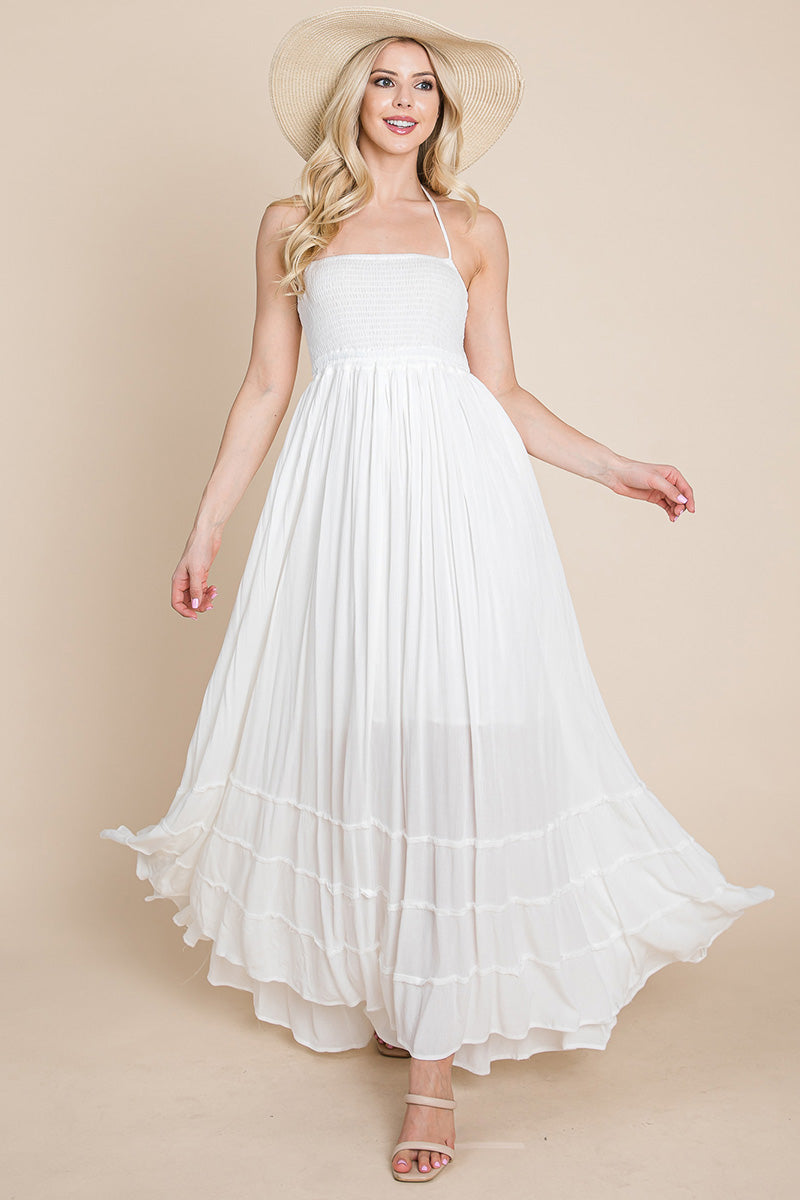 Smocked Flowy Boho Pleated Backless Maxi Dress – Effortless Elegance with a Free Spirit