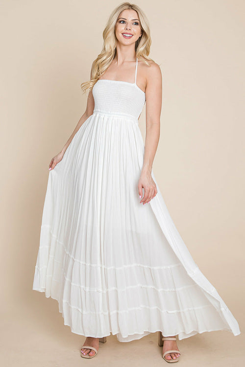 Smocked Flowy Boho Pleated Backless Maxi Dress – Effortless Elegance with a Free Spirit