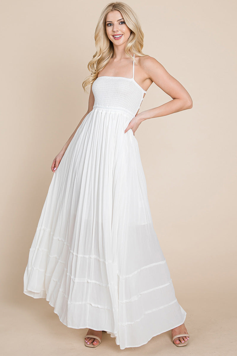Smocked Flowy Boho Pleated Backless Maxi Dress – Effortless Elegance with a Free Spirit