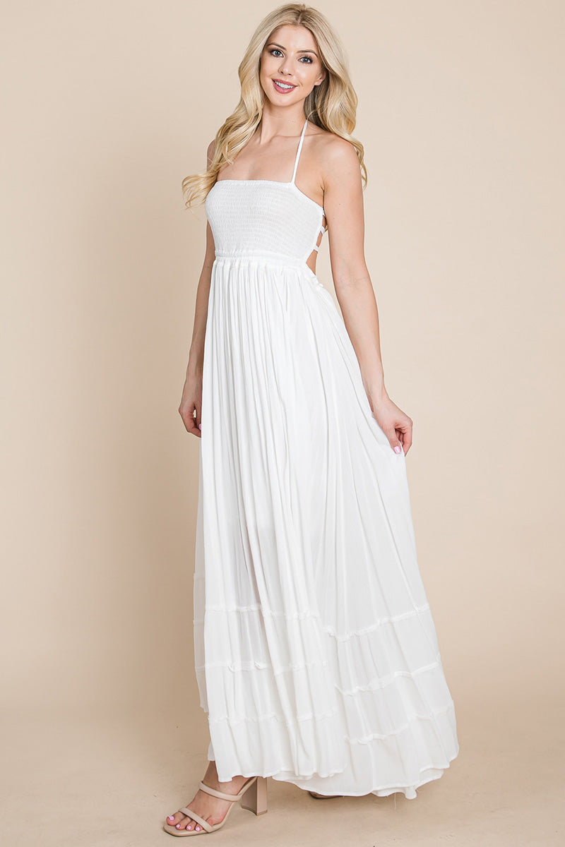 Smocked Flowy Boho Pleated Backless Maxi Dress – Effortless Elegance with a Free Spirit