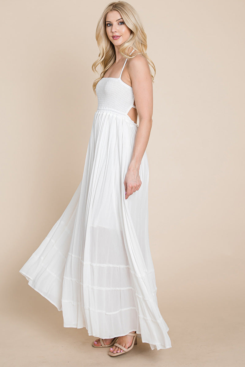 Smocked Flowy Boho Pleated Backless Maxi Dress – Effortless Elegance with a Free Spirit