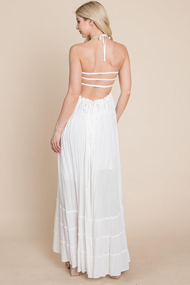 Smocked Flowy Boho Pleated Backless Maxi Dress – Effortless Elegance with a Free Spirit