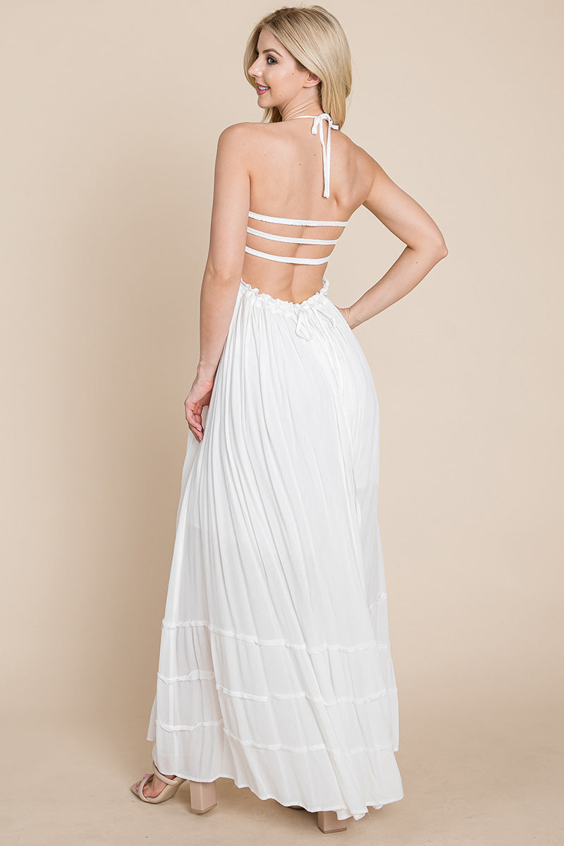 Smocked Flowy Boho Pleated Backless Maxi Dress – Effortless Elegance with a Free Spirit