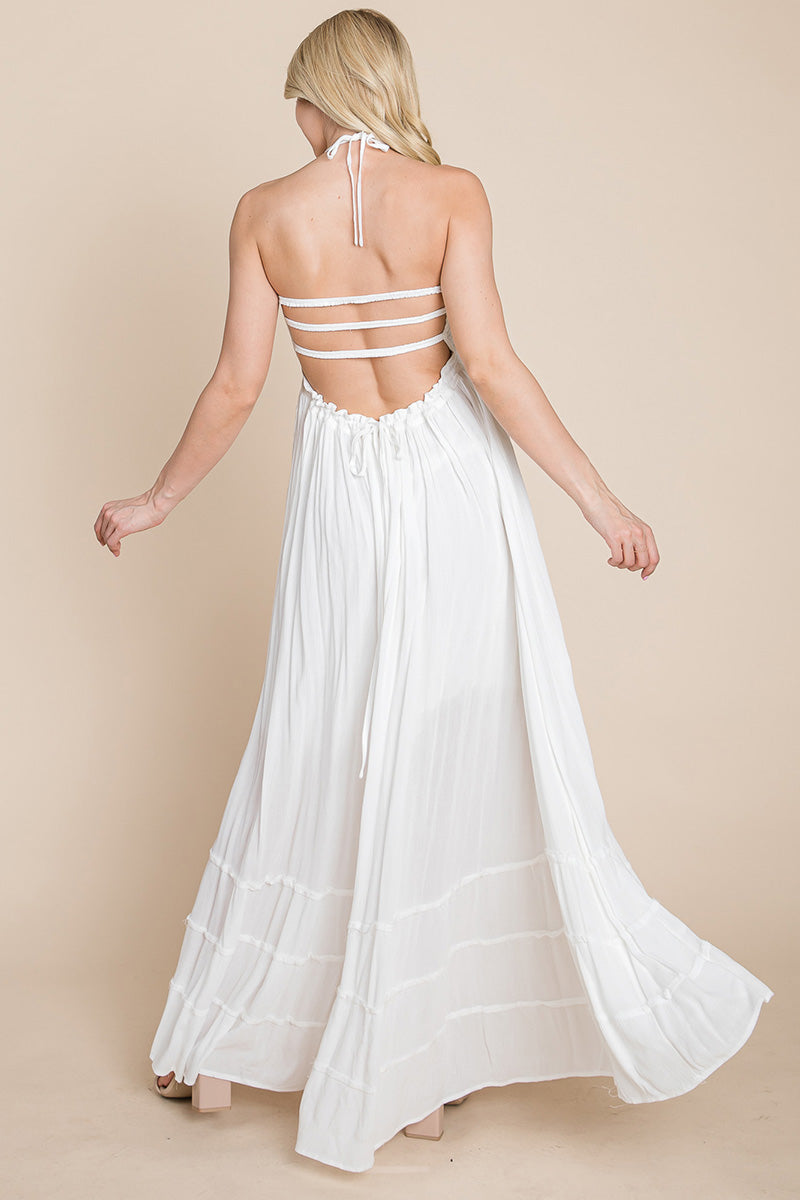 Smocked Flowy Boho Pleated Backless Maxi Dress – Effortless Elegance with a Free Spirit
