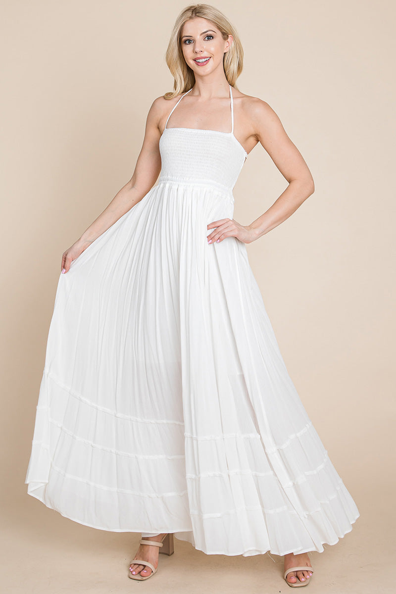Smocked Flowy Boho Pleated Backless Maxi Dress – Effortless Elegance with a Free Spirit