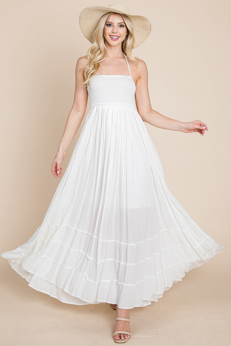 Smocked Flowy Boho Pleated Backless Maxi Dress – Effortless Elegance with a Free Spirit