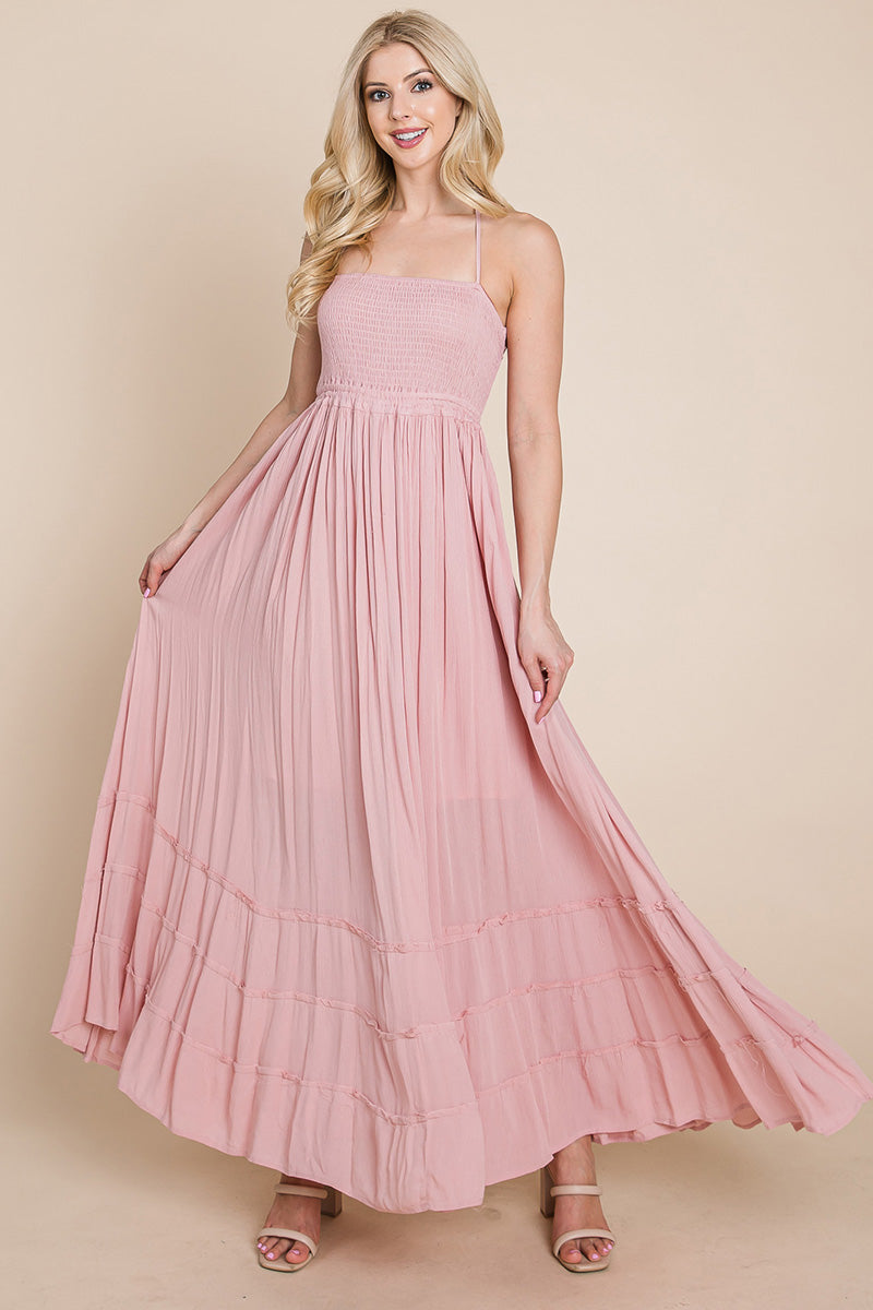 Smocked Flowy Boho Pleated Backless Maxi Dress – Effortless Elegance with a Free Spirit