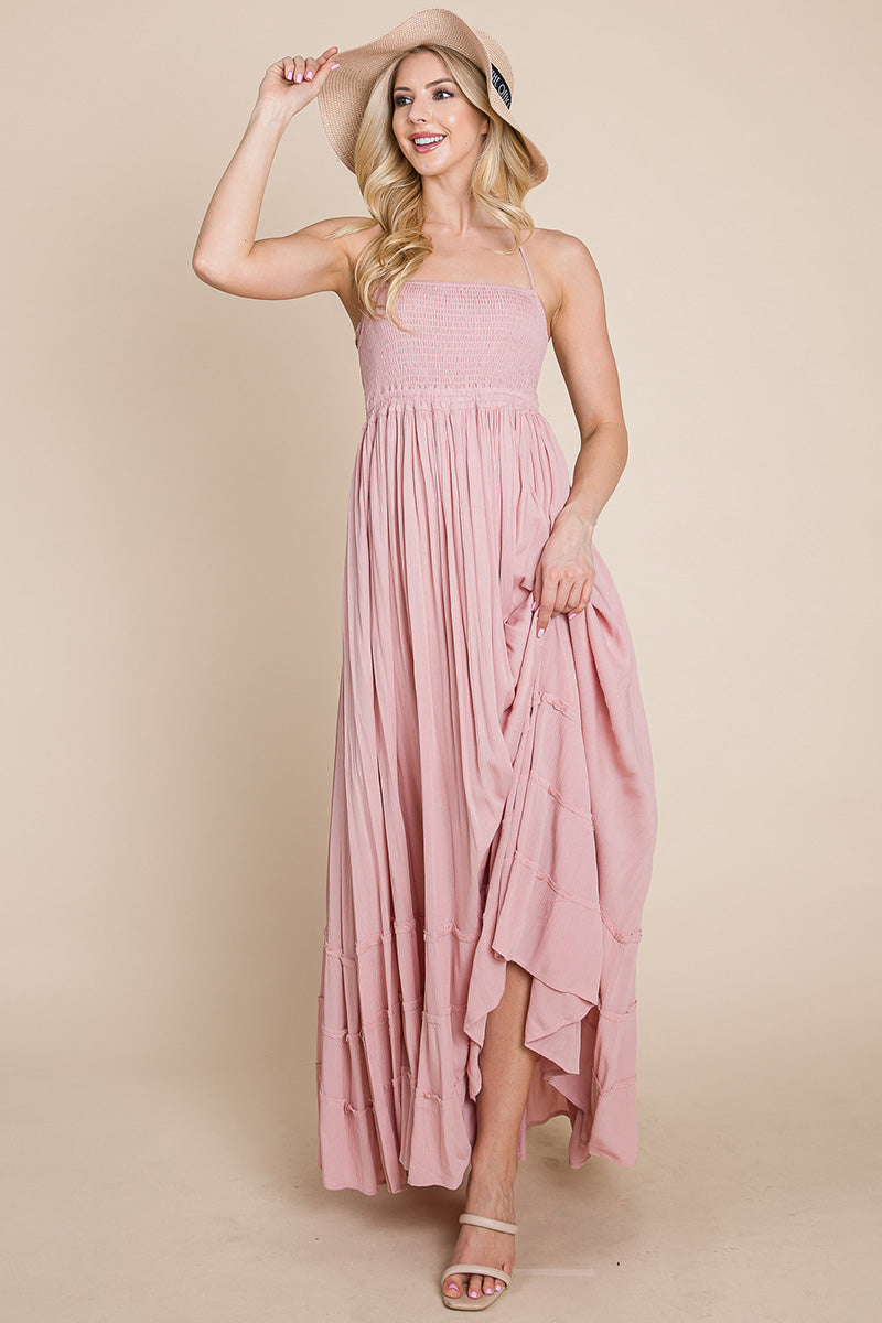Smocked Flowy Boho Pleated Backless Maxi Dress – Effortless Elegance with a Free Spirit