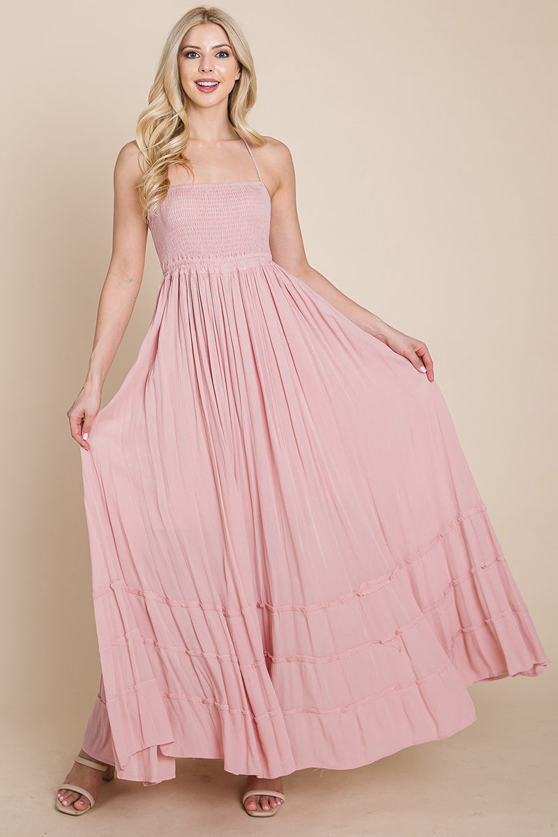 Smocked Flowy Boho Pleated Backless Maxi Dress – Effortless Elegance with a Free Spirit