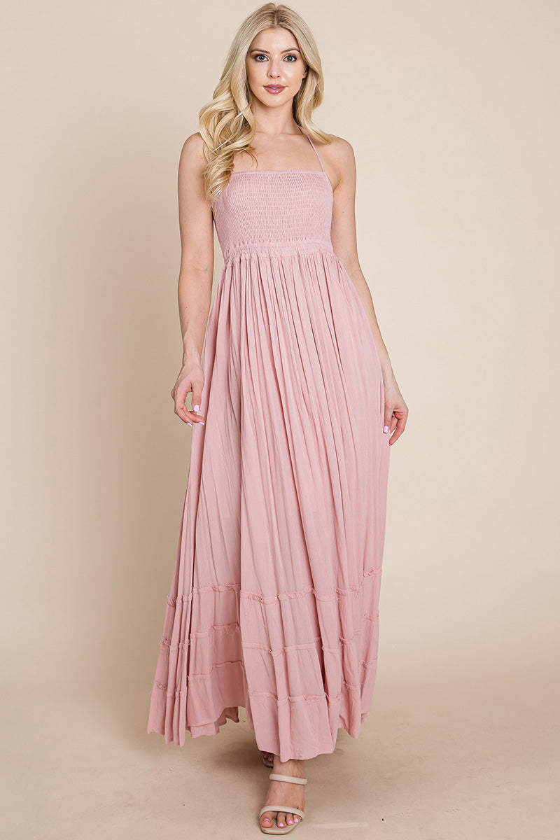 Smocked Flowy Boho Pleated Backless Maxi Dress – Effortless Elegance with a Free Spirit